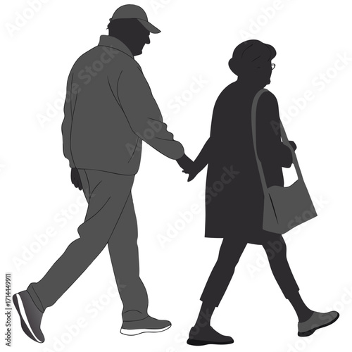 Elderly couple holding hands walking together outdoors in silhouette style with a simple flat design and isolated on a white background representing companionship and love