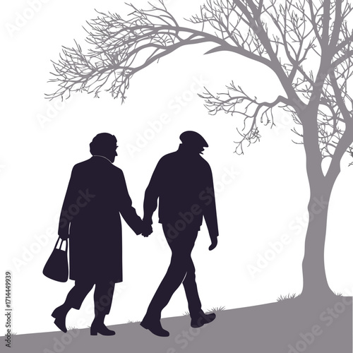 Elderly couple holding hands walking together in silhouette next to a bare tree suggesting a timeless bond of love and companionship through the seasons of life