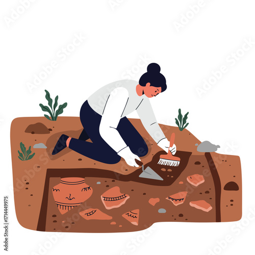 Woman excavating ancient artifacts with brush in pit, illustrating archaeological dig site