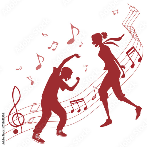 Dynamic silhouettes of a man and woman dancing joyfully amidst a swirling symphony of musical notes and staff lines embodying the vibrant spirit of music and movement