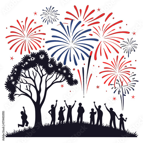 Silhouettes of a diverse group of people and children joyfully watching a vibrant display of red and blue fireworks explode in the night sky above a silhouetted tree and grassy hill