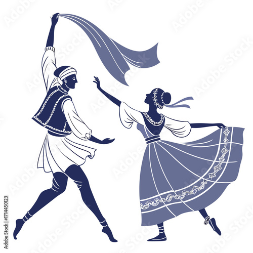 A man and woman in traditional folk costumes dance gracefully together the man holding a flowing scarf above his head while the woman twirls her skirt in a celebratory cultural performance