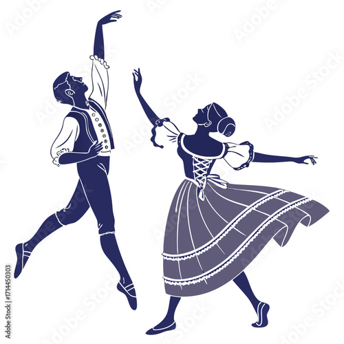 Elegant silhouettes of a male and female ballet dancers in a graceful pose showcasing classical dance artistry and romantic movement against a clean white background