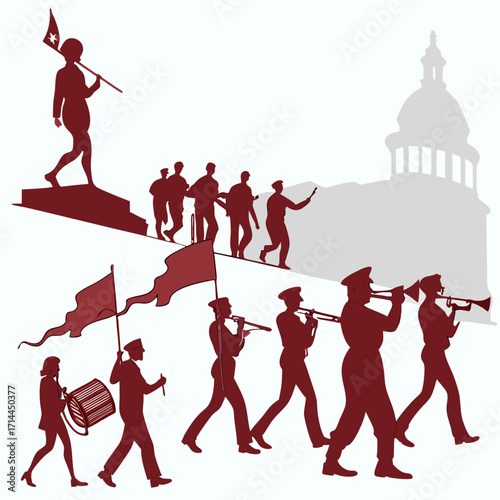 A stylized illustration depicts a patriotic parade marching towards a silhouetted capitol building with a drummer flag bearers and a brass band leading the procession