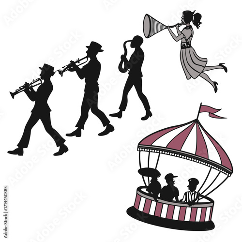A lively jazz band marches in silhouette playing instruments while a woman with a megaphone flies above and a small carnival ride carries passengers below