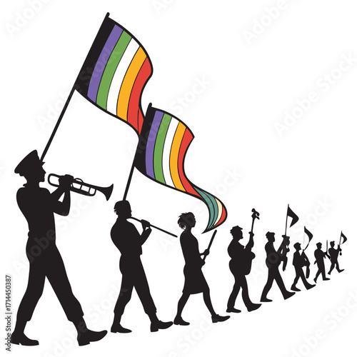 Silhouetted figures in a parade march forward some carrying colorful striped flags and playing instruments representing unity and celebration with a sense of movement and community