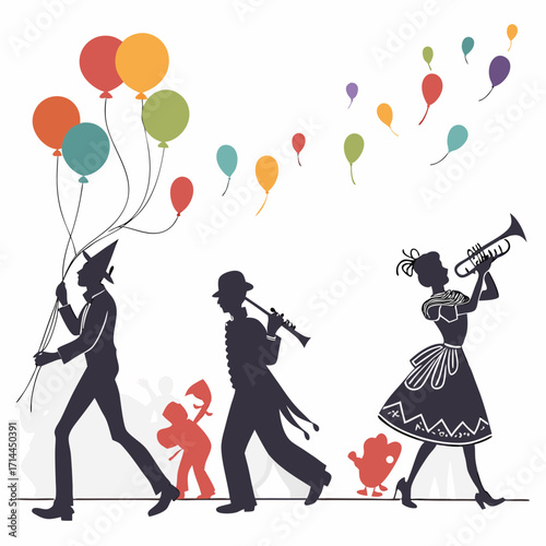 A vibrant parade of silhouetted figures including a balloon holder a clarinet player and a trumpet player accompanied by whimsical characters and colorful balloons floating in the sky