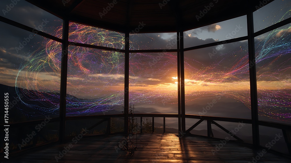 Obraz premium Sunset view from cabin window with colorful light streams and mountain landscape travel destination scenery