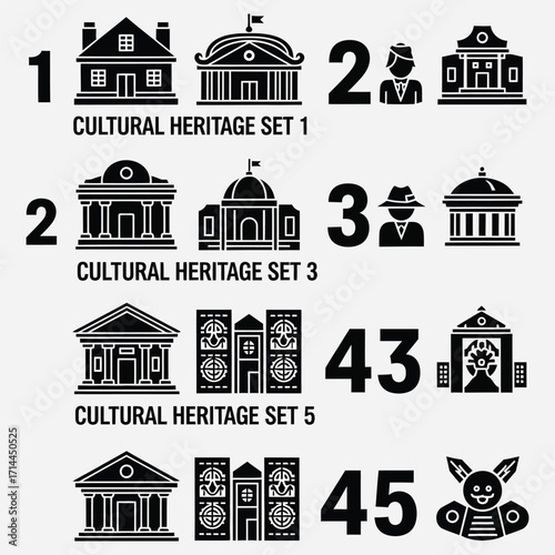 Monochrome graphic design elements featuring iconic architecture and cultural symbols