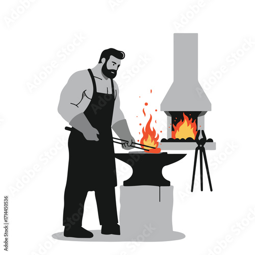 Cartoon illustration of a blacksmith forging metal with fire and tools in grayscale