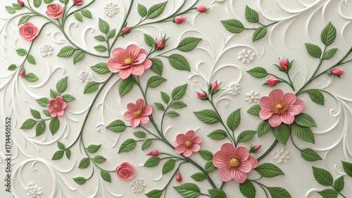 Embossed floral pattern with pink roses and green leaves on white background