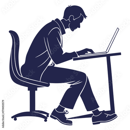 Silhouette of a man in a suit sitting at a desk and typing on a laptop computer symbolizing work and technology