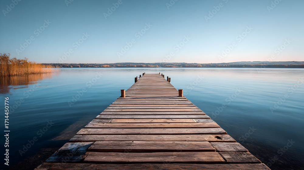 Obraz premium Wooden pier stretching into a serene lake with clear sky horizon water reflections nature escape calm tranquil scene peaceful waterscape leading journey beautiful horizon