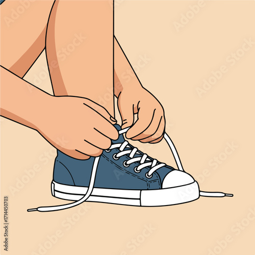 Graphic illustration of person's hands tying a blue and white sneaker's shoelaces