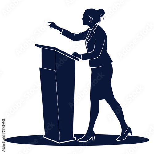 Silhouette of a confident businesswoman in a suit pointing forward while standing behind a podium delivering a speech or presentation with authority and conviction
