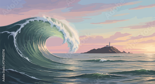 Vector illustration of a giant curling wave in the ocean with small island in background, symbolizing strength and tropical beauty.