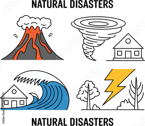 Collection of stylized icons representing natural disasters like volcanoes, tornadoes, tsunamis, and lightning strikes.