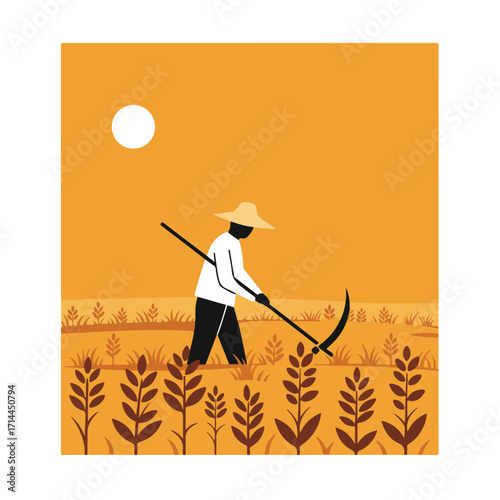 Graphic Minimalist illustration of a farmer harvesting crop using scythe in a golden field