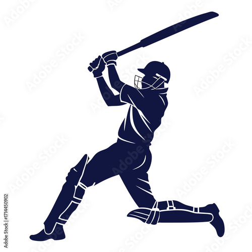 Dynamic silhouette of a cricket batsman in mid swing powerfully hitting a ball with a determined stance showcasing athletic skill and the intensity of the sport
