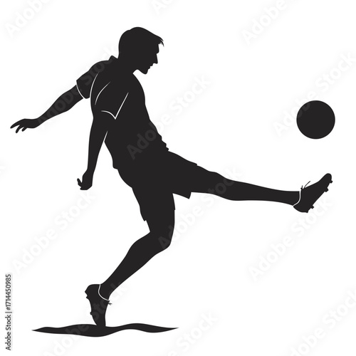 Dynamic silhouette of a male soccer player in mid action kicking a soccer ball with his right foot against a clean white background representing athleticism and sport