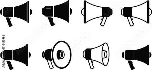 Collection of Eight Megaphone Icons in Silhouette and Outline Styles bullhorn speaker