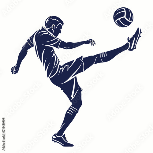 Dynamic silhouette of a soccer player executing a powerful kick against a white background representing athleticism and sportsmanship
