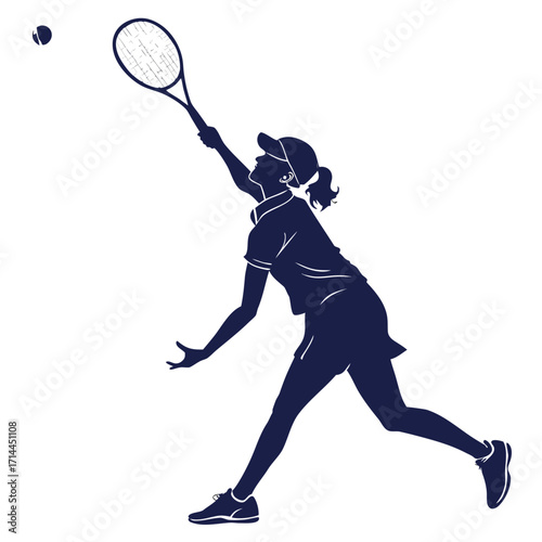 Dynamic silhouette of a female tennis player in mid action serving the ball with intensity and focus on a white background