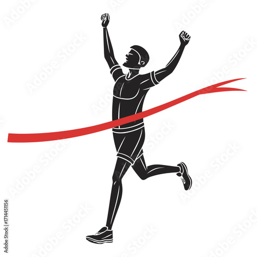 Silhouette of a triumphant male runner crossing the finish line with arms raised in victory celebrating achievement and success in a sporting event