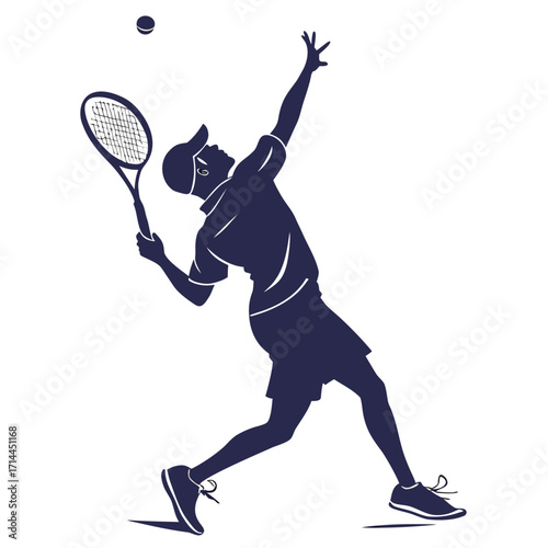 Dynamic silhouette of a male tennis player in mid action powerfully serving the ball with a tennis racket captured in a clean modern graphic style on a white background