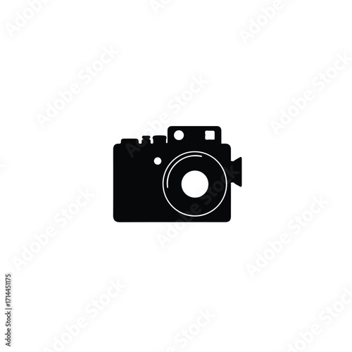 Black and white silhouette of a compact camera, capturing moments with its distinct lens
