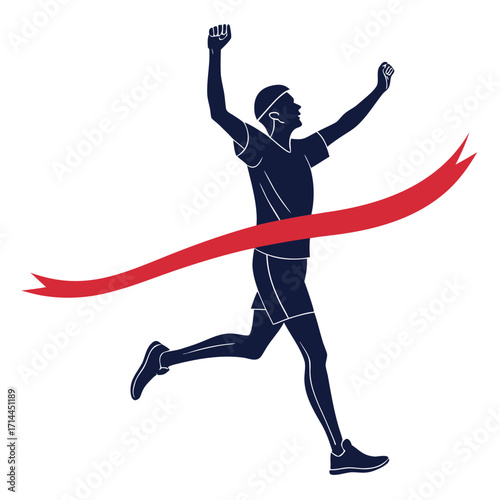 Silhouette of a triumphant runner crossing the finish line with arms raised in victory celebrating the achievement of a race goal