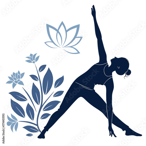 Silhouette of a woman practicing yoga in the triangle pose with serene blue lotus flowers and leaves symbolizing balance flexibility and inner peace in a minimalist design
