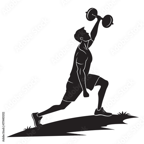 Muscular male silhouette performing an overhead dumbbell lunge exercise outdoors on grass with a shadow cast on the ground representing strength and fitness training