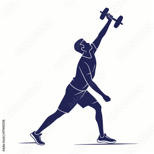 Dynamic silhouette of a fit man performing an overhead dumbbell press exercise showcasing strength training and active lifestyle in a stylized graphic representation
