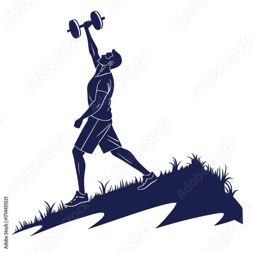 Athletic man silhouette performing a single arm dumbbell press exercise while standing on a grassy hill symbolizing strength and outdoor fitness training