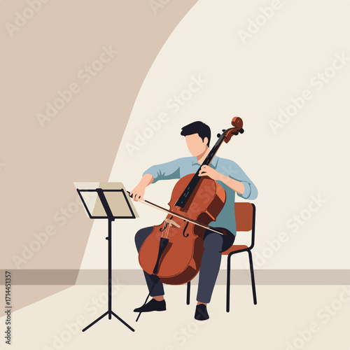 Illustrated figure seated, playing cello beside sheet music, on beige spotlight background