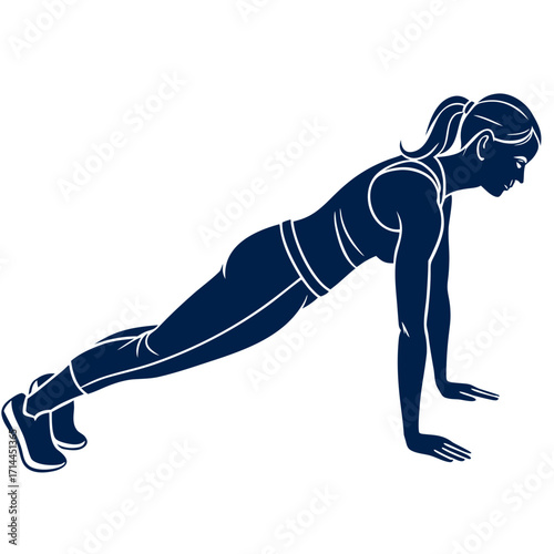 Silhouette of a fit woman performing a plank exercise demonstrating strength training and core engagement in a dynamic pose against a clean white background