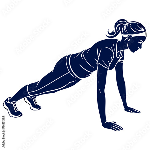 A stylized silhouette of a woman performing a push up exercise demonstrating strength and fitness in a clean graphic style against a white background