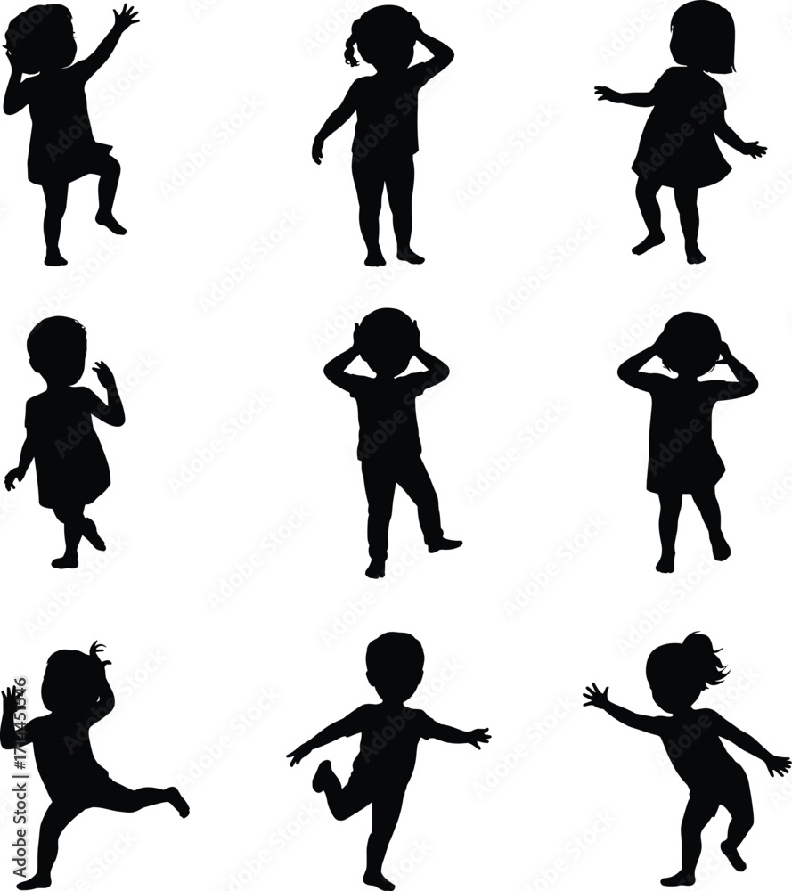 Obraz premium Collection of nine black silhouettes of young girls in various playful poses on a white background child