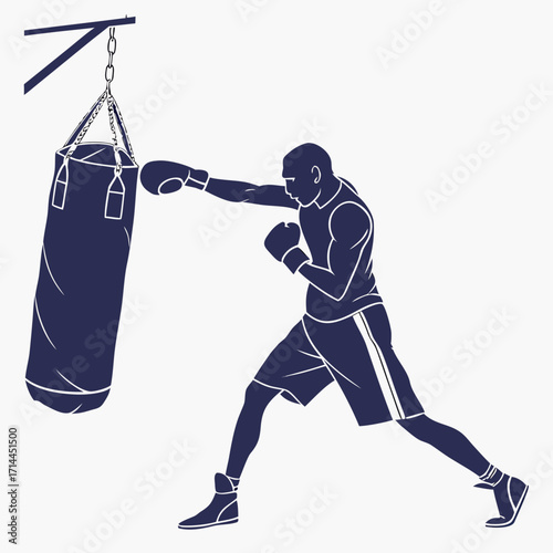 Dynamic silhouette of a determined male boxer in mid punch striking a heavy training bag with intense focus and athletic prowess showcasing strength and dedication in a clean minimalist graphic style
