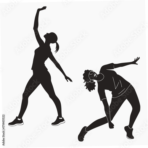 Two dynamic female silhouettes captured mid dance or exercise showcasing graceful movement and athletic poses against a clean white background representing fitness and artistic expression