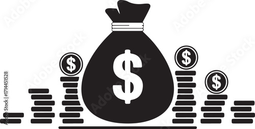 Money Bag with Dollar Sign and Coin Stacks for Finance and Investment Concepts
