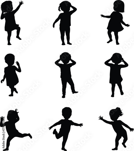 Collection of nine black silhouettes of young girls in various playful poses on a white background child