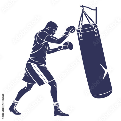 Silhouette of a male boxer in athletic wear and boxing gloves training vigorously on a heavy punching bag in a dynamic pose emphasizing strength and dedication
