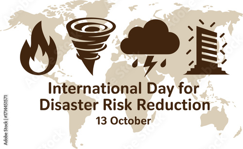 Global awareness for disaster risk reduction with icons representing fire, tornado, storm, and earthquake.