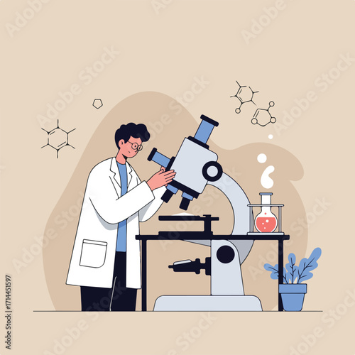 Man in lab coat examines microscope, a flask and plant nearby, molecule sketches adorn backdrop
