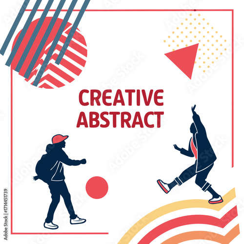 Dynamic abstract design featuring silhouettes of two individuals engaged in creative movement amidst geometric shapes and bold color palettes