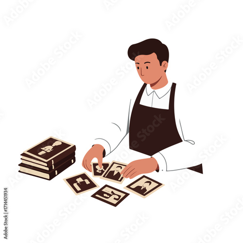 Person in an apron sorts through photographs near a stack of photo albums on a surface