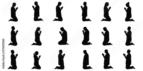 Collection of Silhouettes of People Kneeling and Praying in Rows vector illustration
