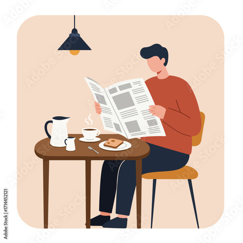 Person reading newspaper while sitting at a table with coffee and toast
